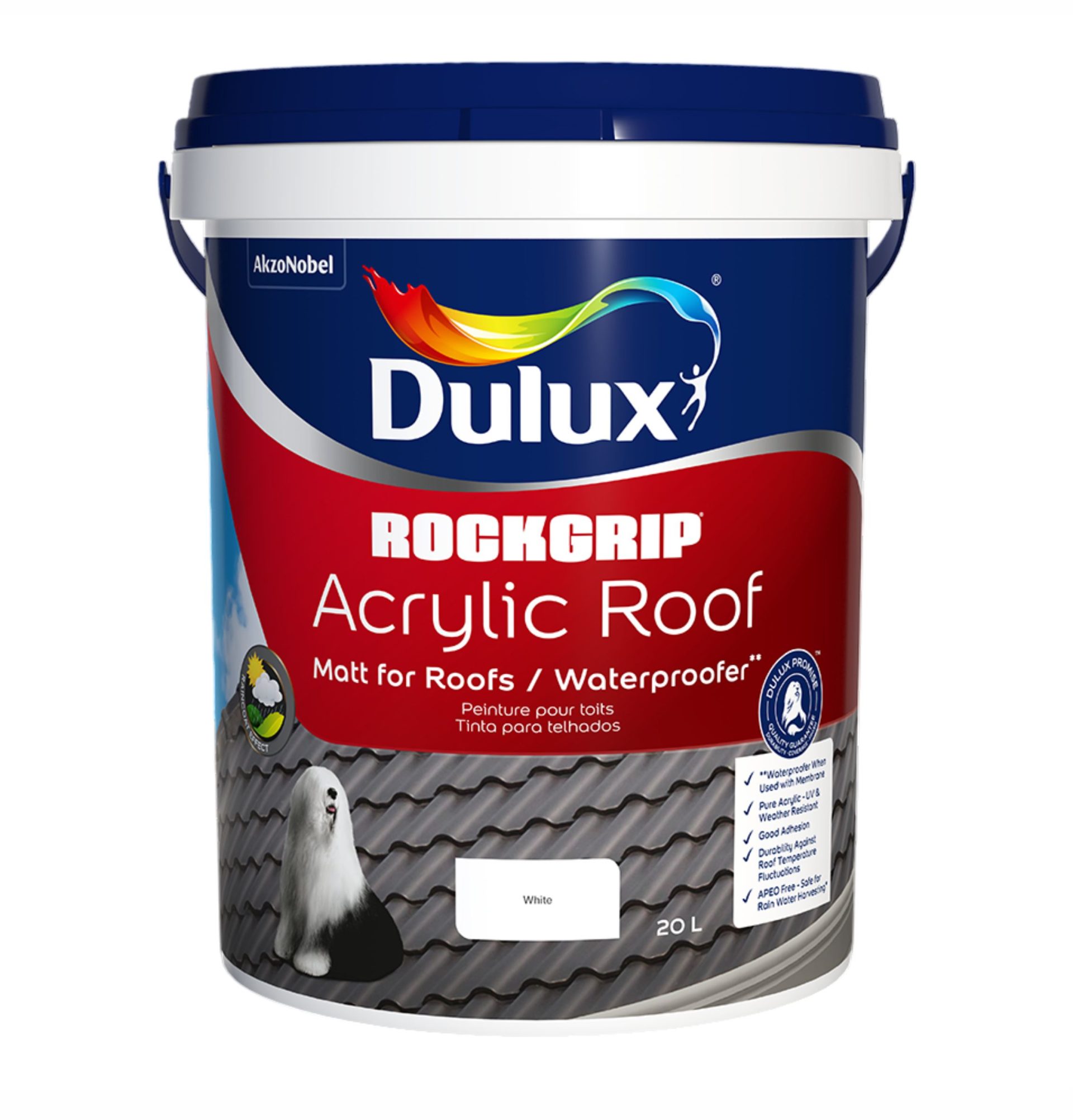 Dulux Rockgrip Acrylic Roof paint – matt waterproof coating for roofs. Available in 1L, 5L, and 20L sizes. Colours: Brown, Charcoal, Deep Burgundy, Deep Green, Rustic Red, White, Black, Terracotta, and Green. Sold by Hyper Paint in South Africa with 9 Johannesburg branches and delivery via www.hyperpaint.co.za.