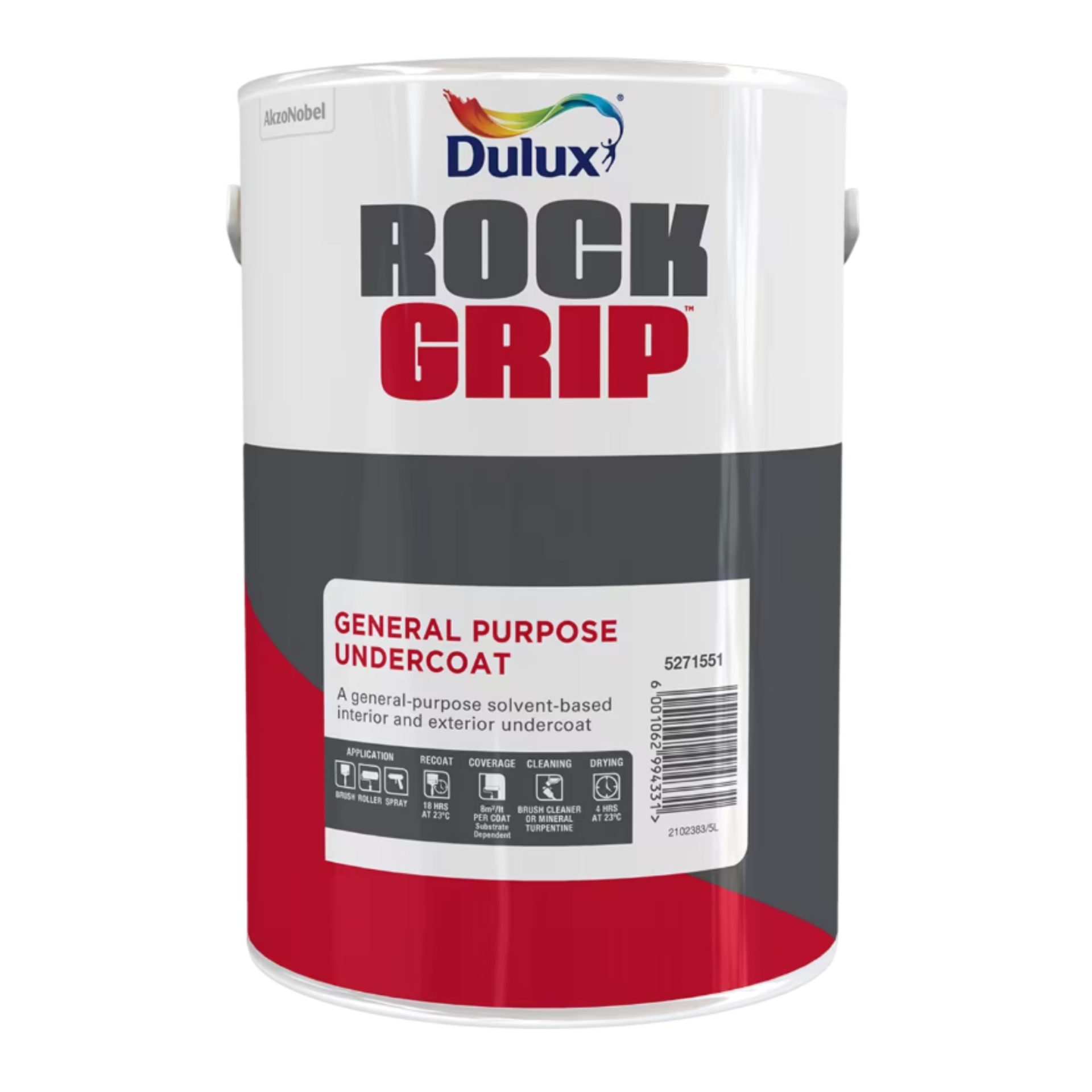 Dulux Rockgrip General Purpose Undercoat in white – solvent-based interior and exterior undercoat. Available in 1L, 5L, and 20L sizes. Sold by Hyper Paint South Africa, with 9 Johannesburg branches and nationwide delivery at www.hyperpaint.co.za.