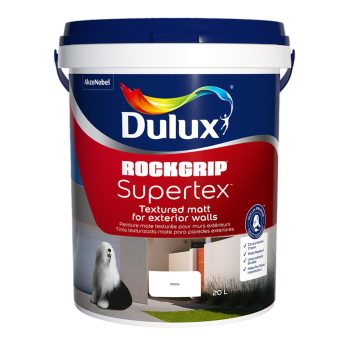 Dulux Rockgrip Supertex 20L textured matt exterior wall paint – also available in 1L, 5L, and 20L. Colours: Sunset Safari, Shaded Stones, Clay Valley, White, Desert Dune, Evening Shadow, Grasslands, Gravel Trail, Grey Slate, and Rocky Mountain. Available at Hyper Paint with 9 branches in Johannesburg and nationwide delivery via www.hyperpaint.co.za.