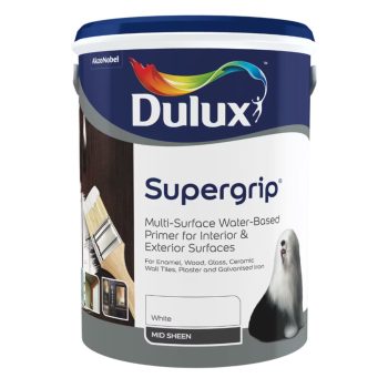 Dulux Supergrip multi-surface water-based primer – interior and exterior mid-sheen coating for enamel, wood, glass, ceramic wall tiles, plaster and galvanised iron. Available in 1L and 5L. Colour: White. Sold by Hyper Paint South Africa with 9 Johannesburg branches and delivery all across South Africa via our website www.hyperpaint.co.za.