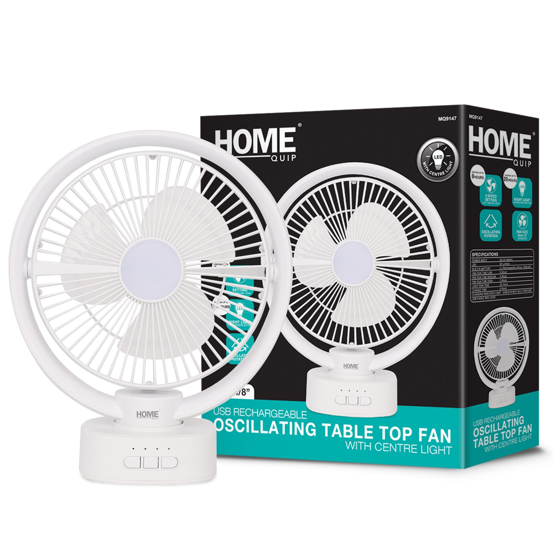 Academy - USB Rechargeable Oscillating Table Top Fan With Light